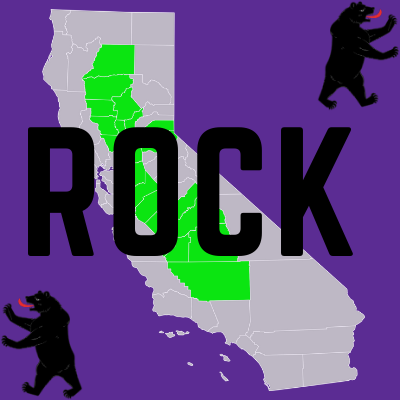 An image with a purple background with an image of Cali in the middle with the Central Valley Highlighted. The name r0ck is spelled across the middle. There are 2 bears, one on top right, the other on bottom left