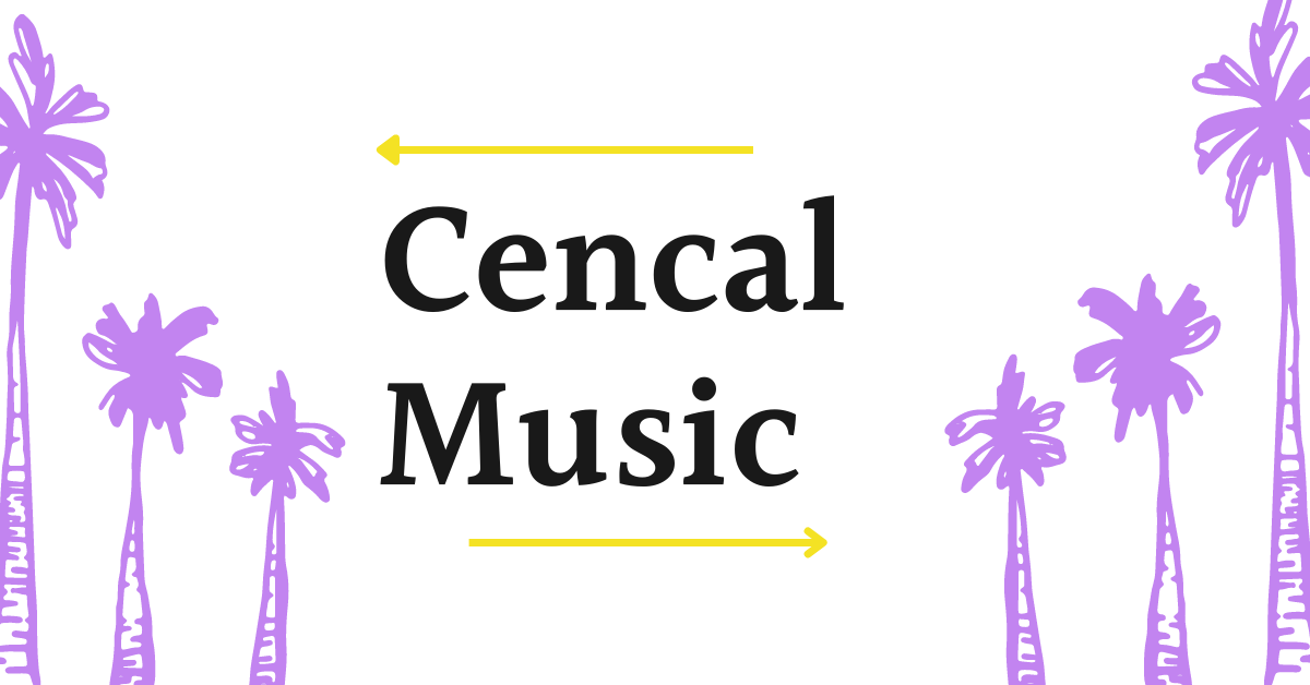 Words Cencal Music in the middle, Cencal Music with purple palm trees in the background