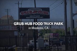Outdoor food truck park at Grub Hub in Modesto with multiple vendors and casual seating