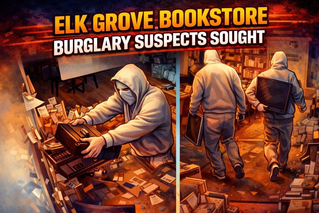 Cartoony crime-news graphic showing A Seat at the Table bookstore burglary scene in Elk Grove