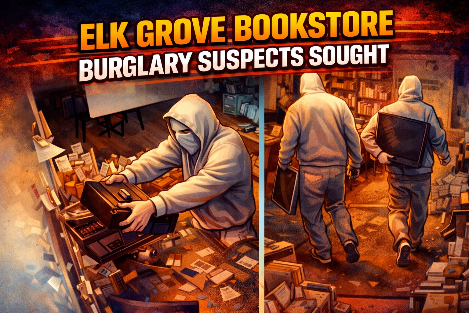 Cartoony crime-news graphic showing A Seat at the Table bookstore burglary scene in Elk Grove