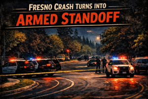 Cartoon-style news graphic showing a crashed Fresno home with flashing police lights and an armed standoff scene.