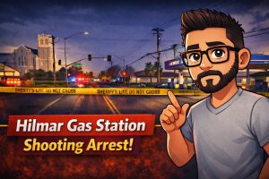 Police vehicles and crime tape at a gas station scene following a shooting in Hilmar, California