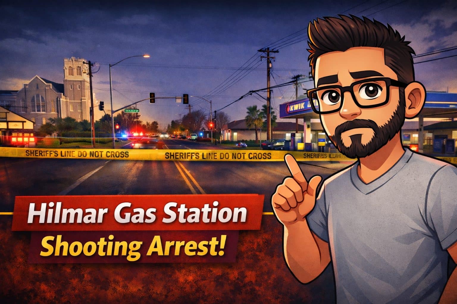 Police vehicles and crime tape at a gas station scene following a shooting in Hilmar, California