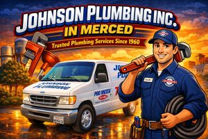 Johnson Plumbing Inc. service feature graphic for a Merced-based plumbing company