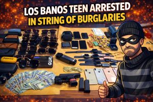 Los Banos burglary investigation graphic about an arrest tied to multiple break-ins