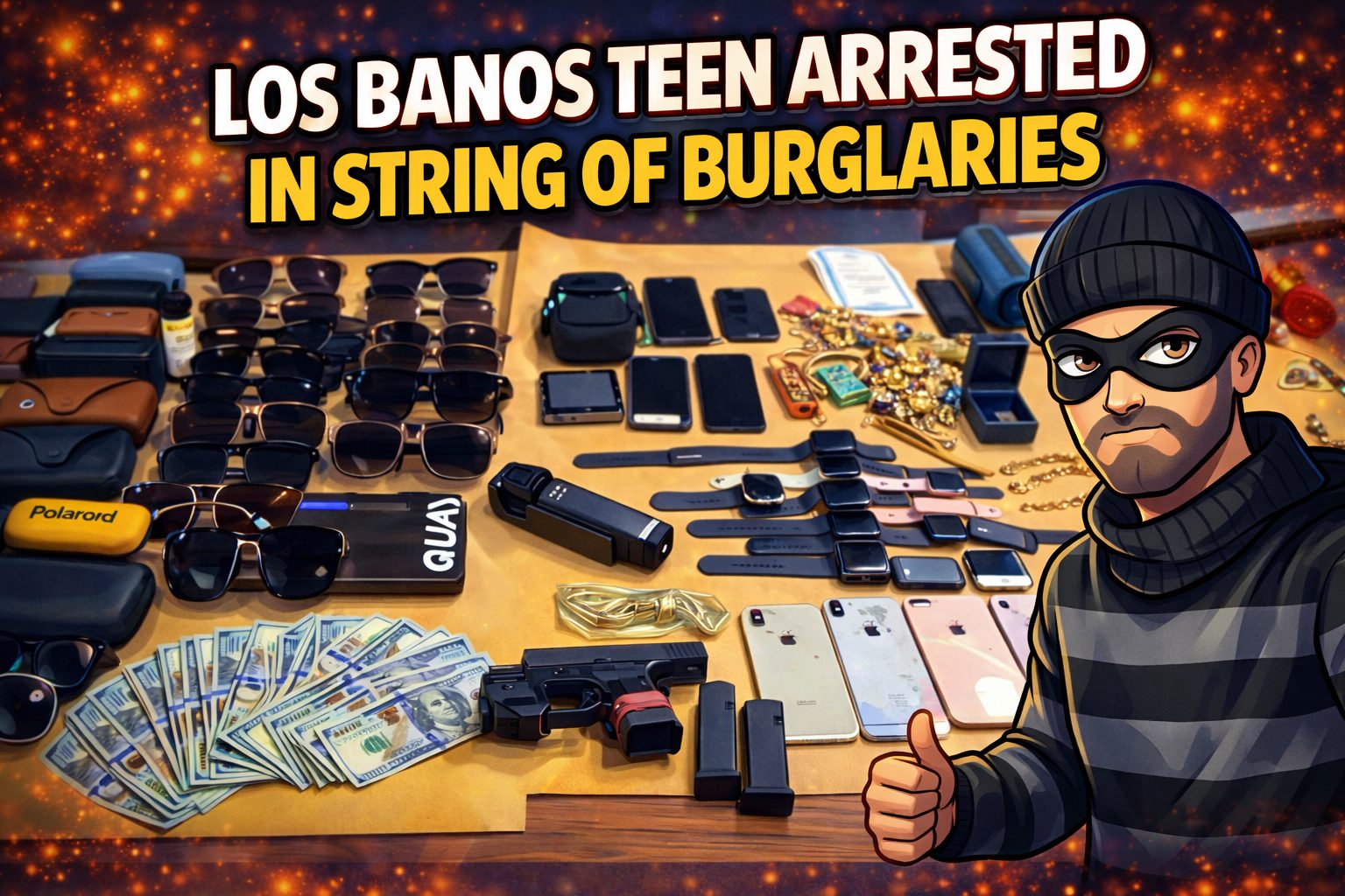 Los Banos burglary investigation graphic about an arrest tied to multiple break-ins