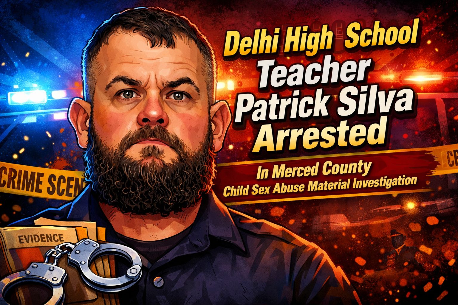 Police lights graphic for news story about Delhi High School teacher Patrick Silva arrested in Merced County investigation