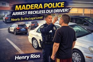 Madera police DUI arrest graphic about a reckless driver stopped after nearly hitting several vehicles