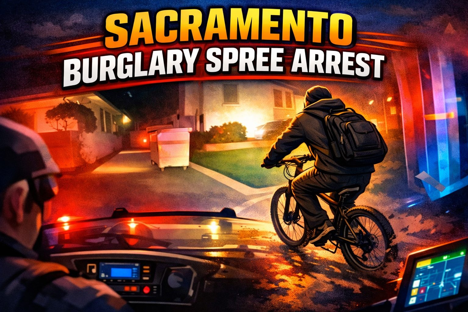 Police lights and storefront crime scene graphic for story about Sacramento burglary spree arrest