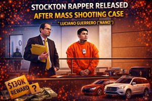 Graphic about Stockton rapper Luciano Guerrero being released after the deadly birthday party mass shooting case