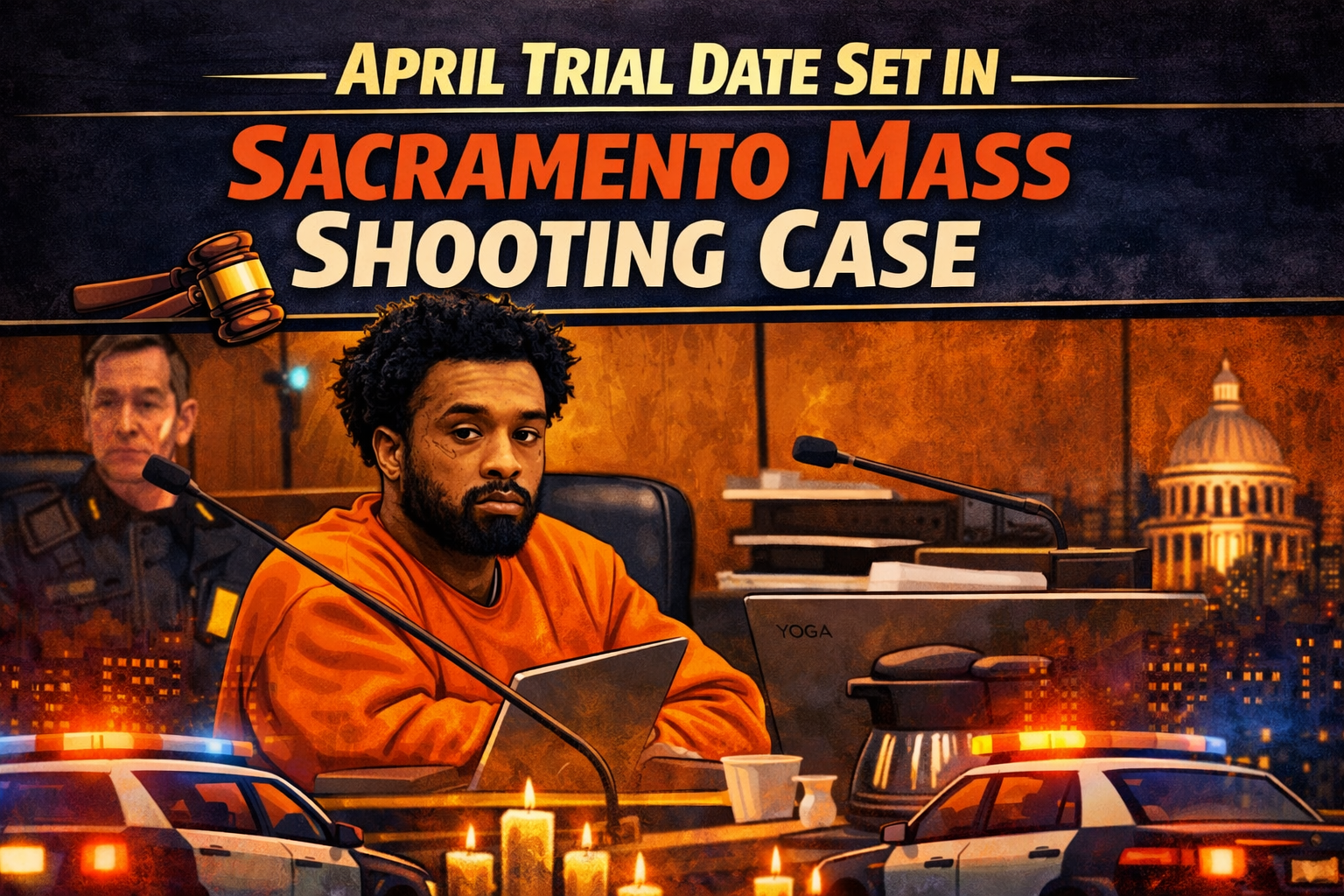 Downtown Sacramento jail court room imagery and illustration of suspect representing the April trial date in the 2022 K Street mass shooting case