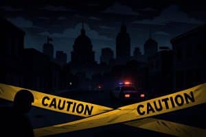 A dark, cartoony illustration of a Central Valley city street at night with police lights and caution tape representing local crime coverage