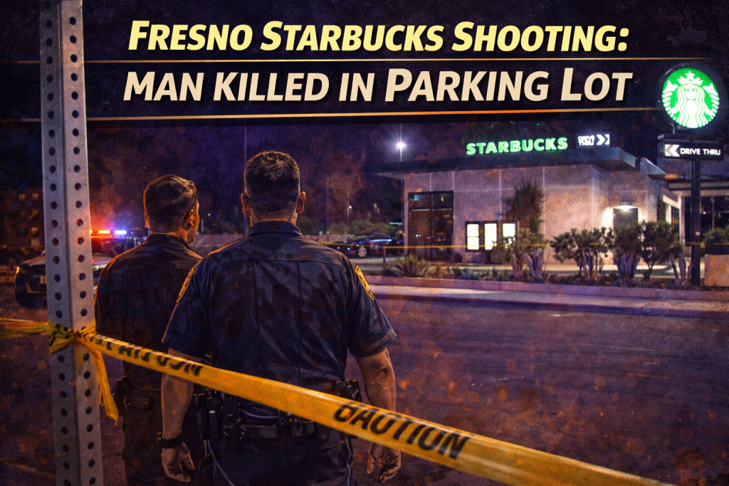 Fresno Starbucks crime scene with police tape and officers investigating deadly shooting in parking lot