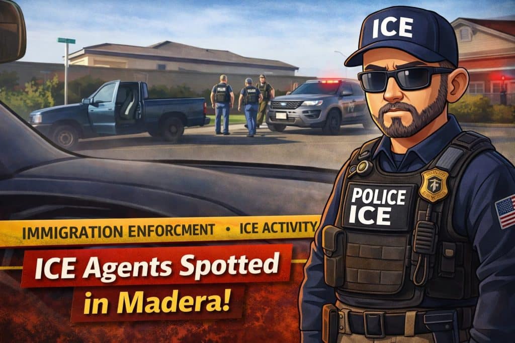 Federal immigration enforcement vehicle on a Madera street as Immigration and Customs Enforcement agents are observed during a visit