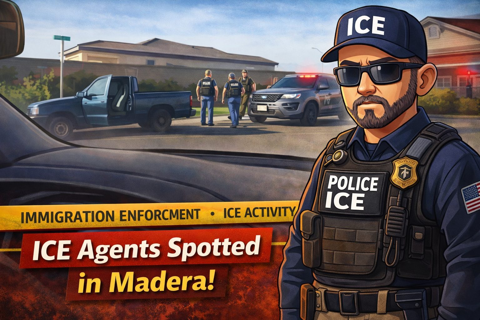 Federal immigration enforcement vehicle on a Madera street as Immigration and Customs Enforcement agents are observed during a visit