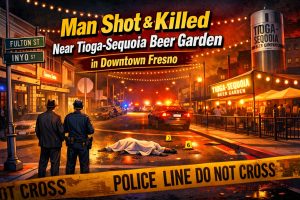 Police lights near downtown Fresno for story about fatal shooting near Tioga-Sequoia Beer Garden