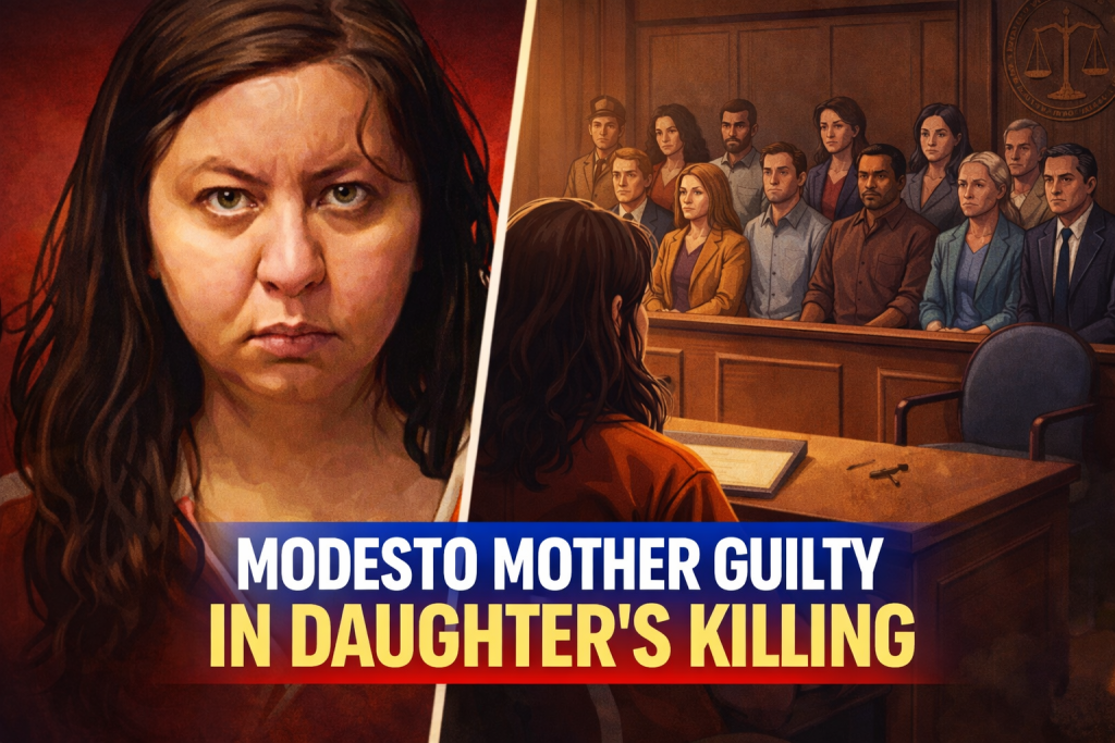 Cartoony crime-scene graphic for Mina Nazari Modesto conviction story