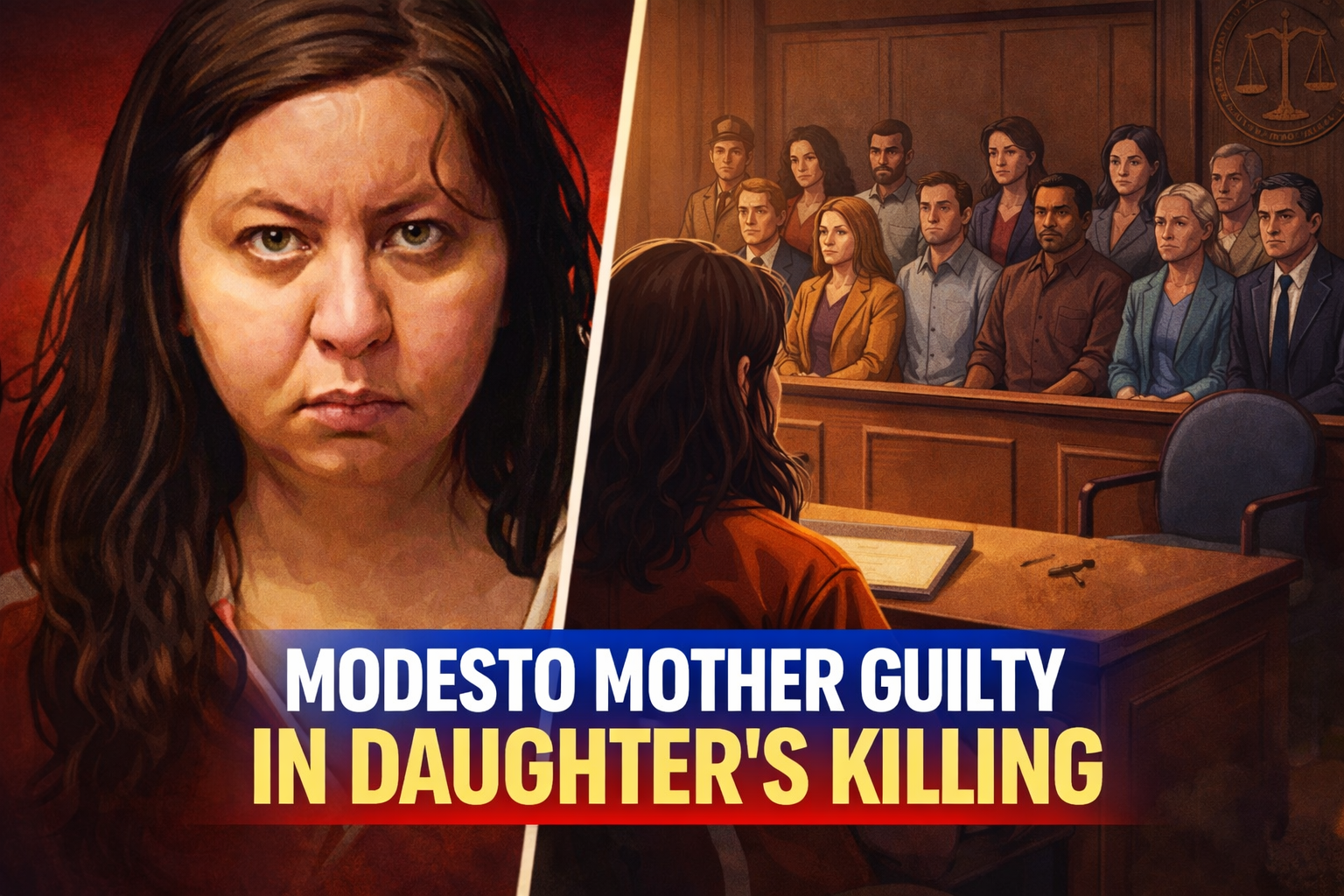 Cartoony crime-scene graphic for Mina Nazari Modesto conviction story