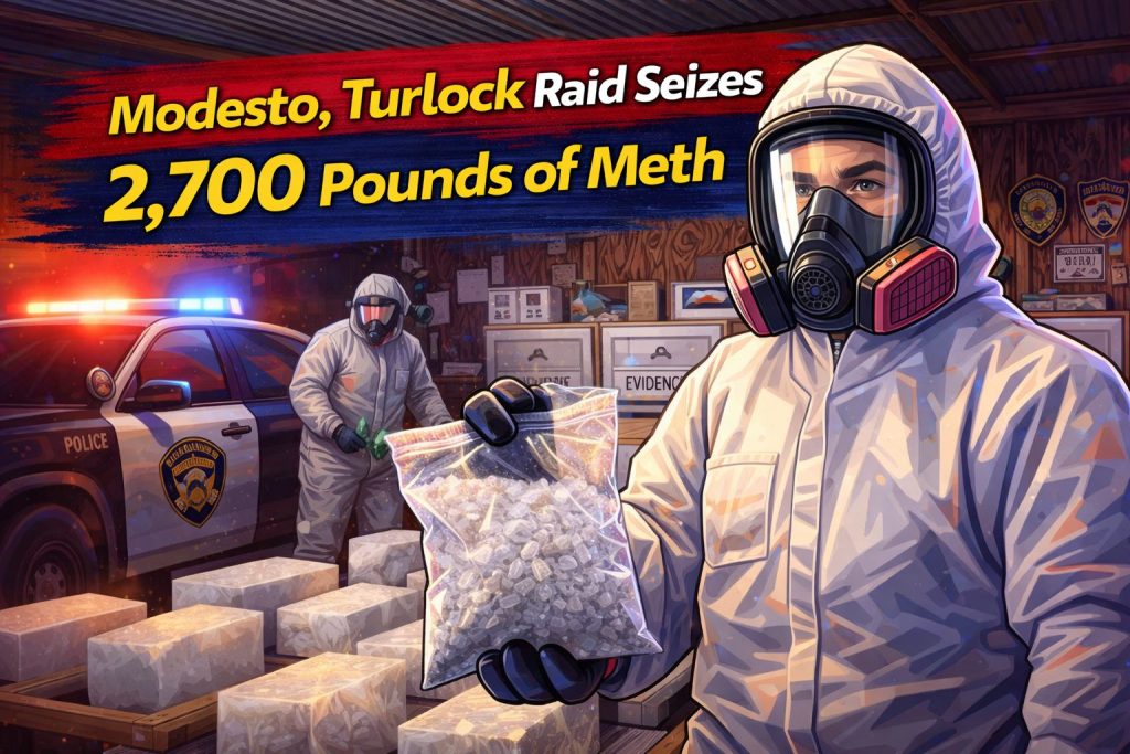 Law enforcement evidence display tied to a Northern California methamphetamine raid involving Modesto and Turlock