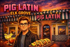 Cartoony featured image for Pig Latin in Elk Grove showing the restaurant’s taco and tequila bar vibe