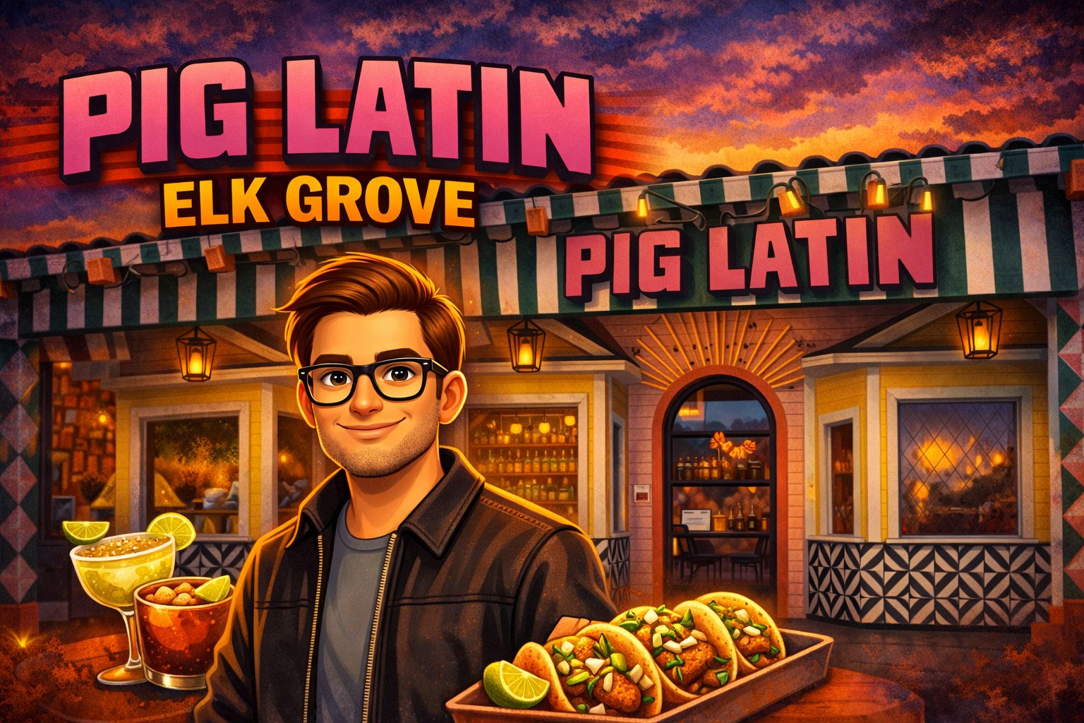 Cartoony featured image for Pig Latin in Elk Grove showing the restaurant’s taco and tequila bar vibe
