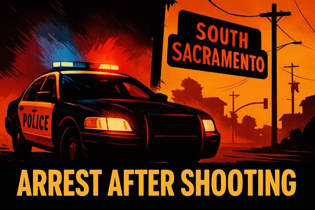 Stylized dark editorial thumbnail showing a South Sacramento shooting scene with police lights and urgent breaking-news graphics.