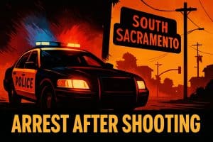 Stylized dark editorial thumbnail showing a South Sacramento shooting scene with police lights and urgent breaking-news graphics.
