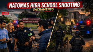 Police and emergency vehicles outside Natomas High School in Sacramento after a fatal student shooting on April 10, 2026.