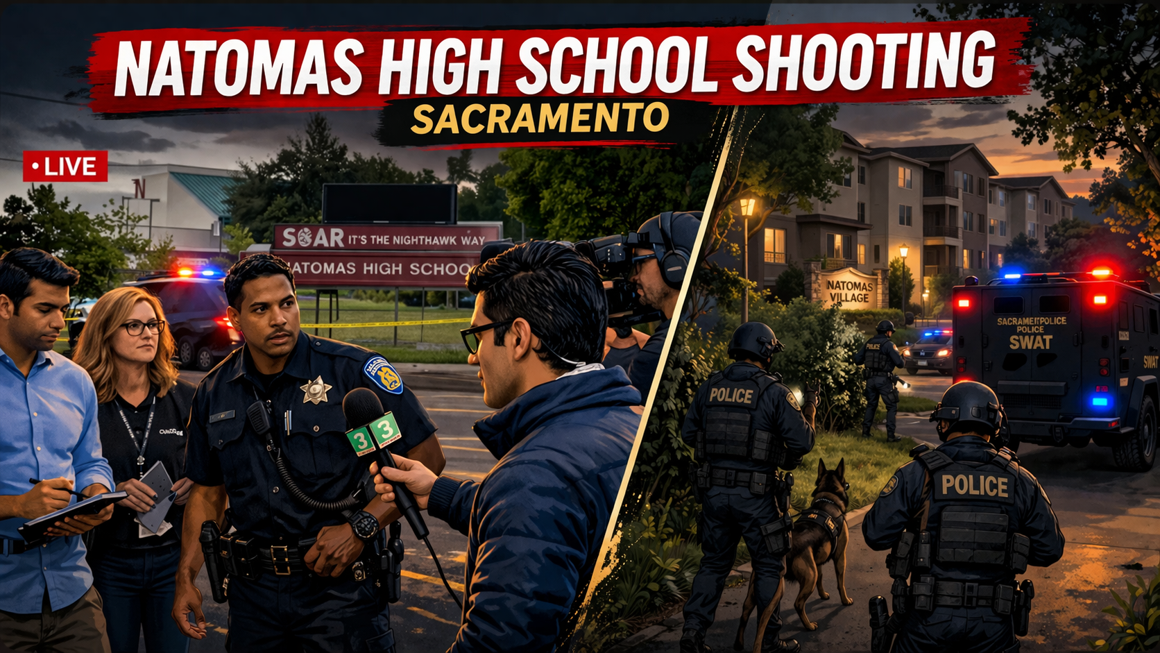 Police and emergency vehicles outside Natomas High School in Sacramento after a fatal student shooting on April 10, 2026.