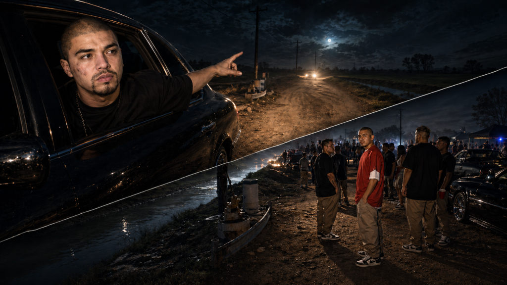 Dramatic illustration of police lights near a rural Los Banos road after the Peter Fregoso shooting.