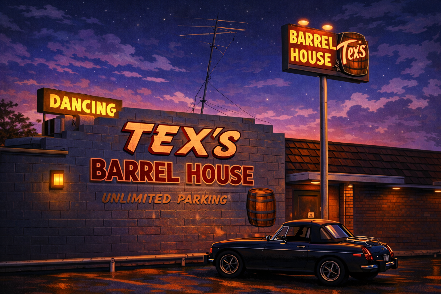 Illustrated nighttime scene outside Tex’s Barrel House in Bakersfield based on the Kathy Hyde murder case from April 17, 1984