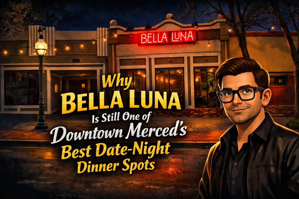 Exterior of Bella Luna, an Italian restaurant in Downtown Merced on West Main Street.
