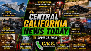 Central Valley news today graphic featuring Clovis jet emergency, Fresno canal crash, Atwater chase, Newman crash, and local updates for April 26 2026