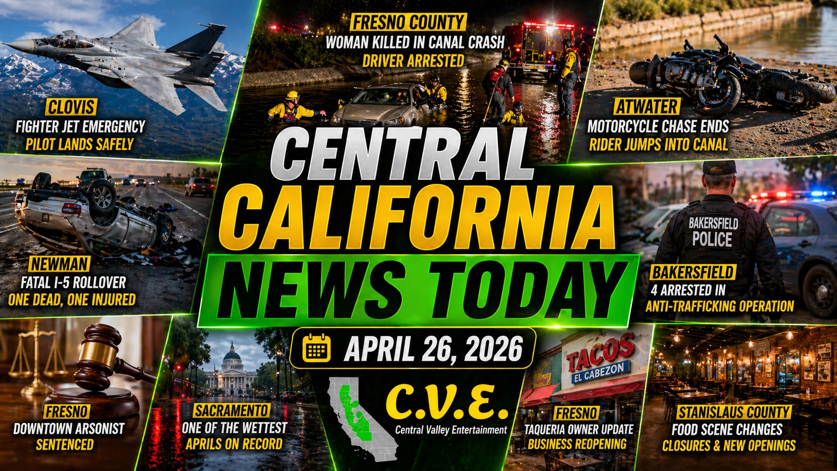 Central Valley news today graphic featuring Clovis jet emergency, Fresno canal crash, Atwater chase, Newman crash, and local updates for April 26 2026