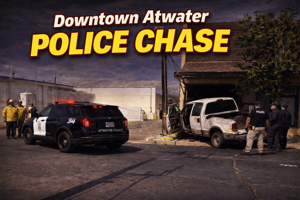 Police investigate after a white pickup crashed into a downtown Atwater business following a pursuit.
