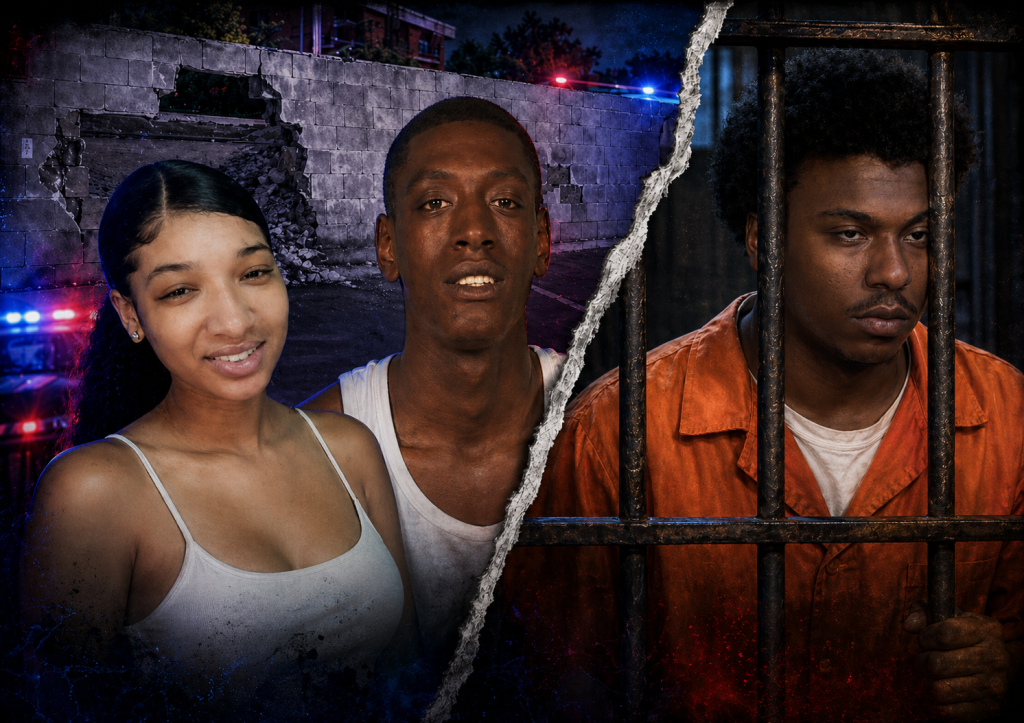 Dramatic Fresno crime scene illustration for the Kiara Austin and Brian Maxey shooting case near The Parks at Fig Garden.