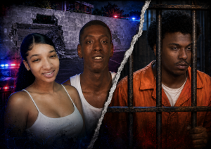 Dramatic Fresno crime scene illustration for the Kiara Austin and Brian Maxey shooting case near The Parks at Fig Garden.