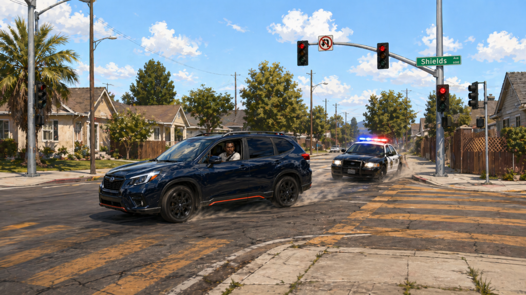 Fresno police scene near Harrison and Shields after a stolen vehicle carrying two young children was stopped in central Fresno on April 22, 2026