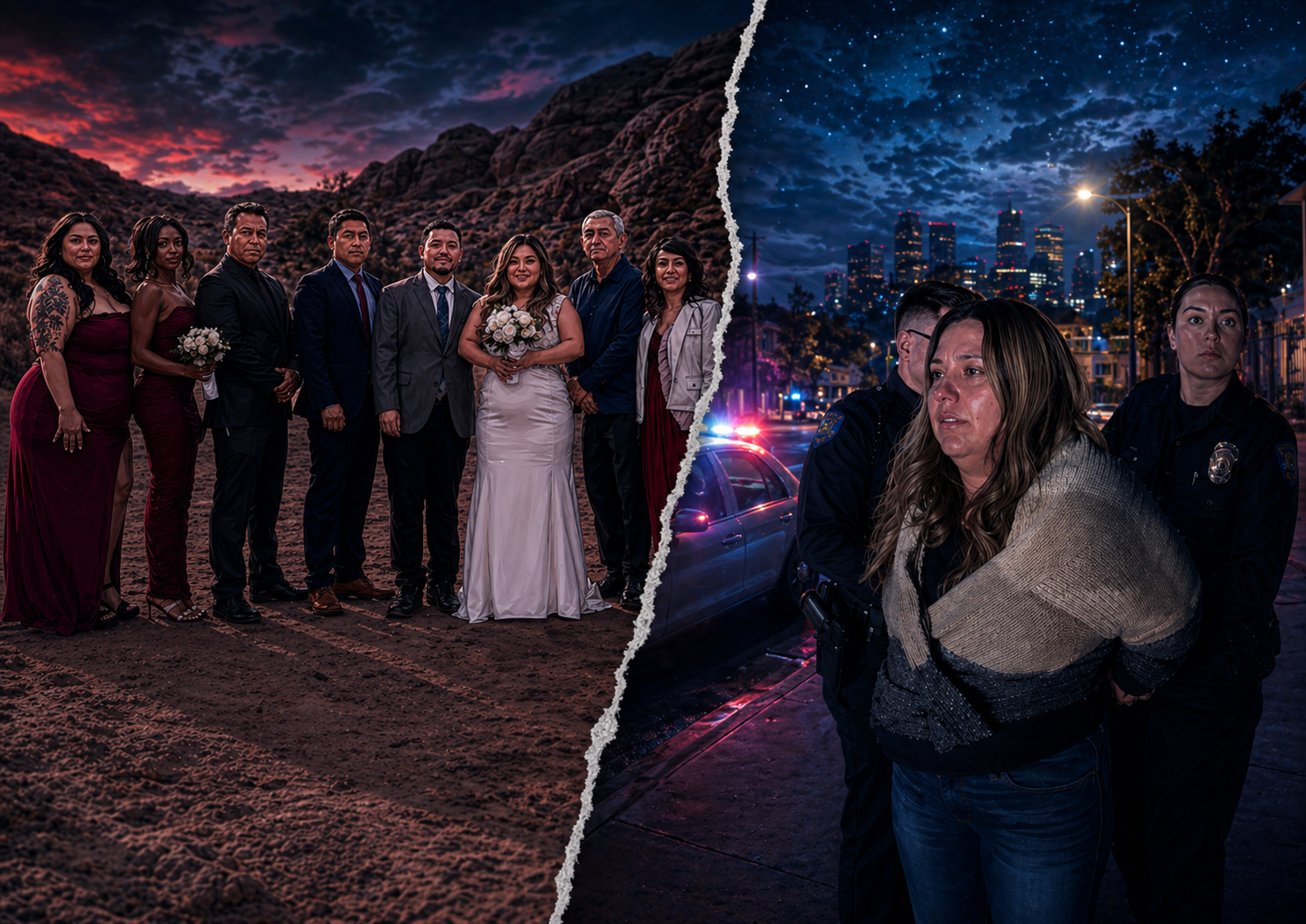 Fresno woman DUI arrest lawsuit graphic showing police lights, wedding trip theme, and a breath test reading triple zeros.