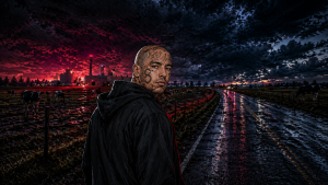 Illustrated nighttime scene of a dairy-farm murder case near Gustine tied to the Santiago Mantar homicide