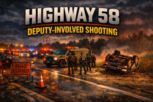 Kern County law enforcement vehicles and investigators on Highway 58 after a deputy-involved shooting near Weedpatch Highway.