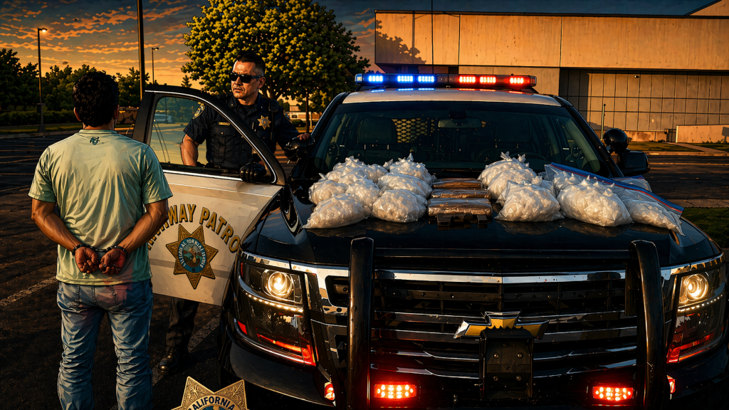 CHP photo from Fresno County I-5 drug bust showing seized methamphetamine, fentanyl powder, and a handgun.