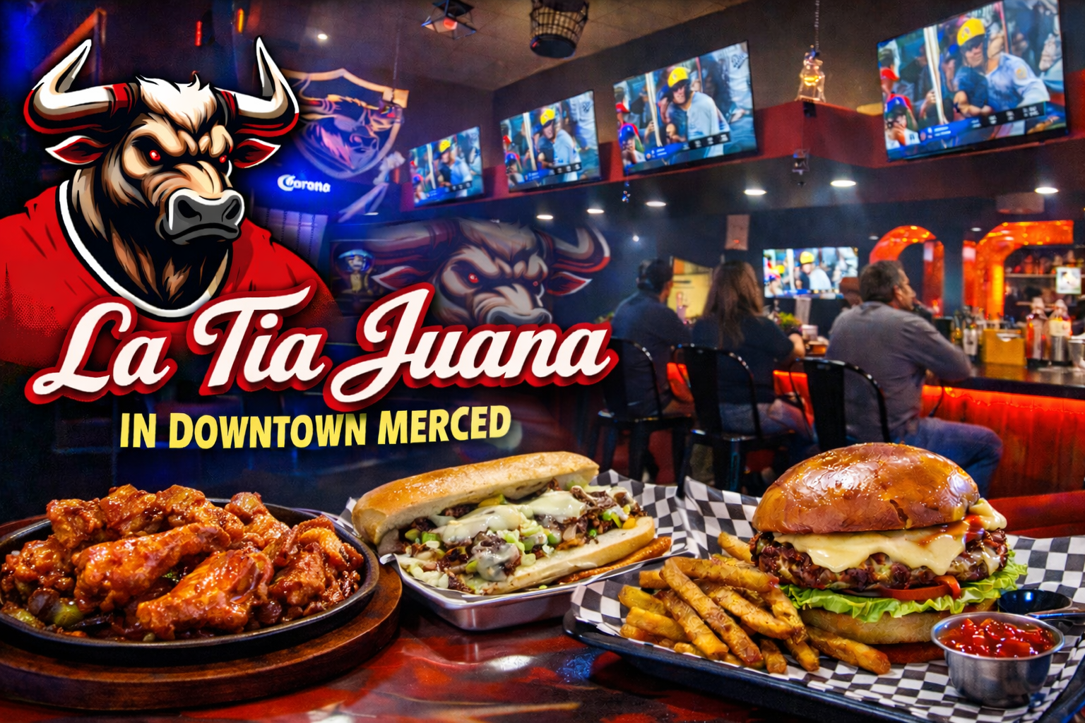 Exterior or branded image of La Tia Juana Bar & Grill in downtown Merced on West Main Street.