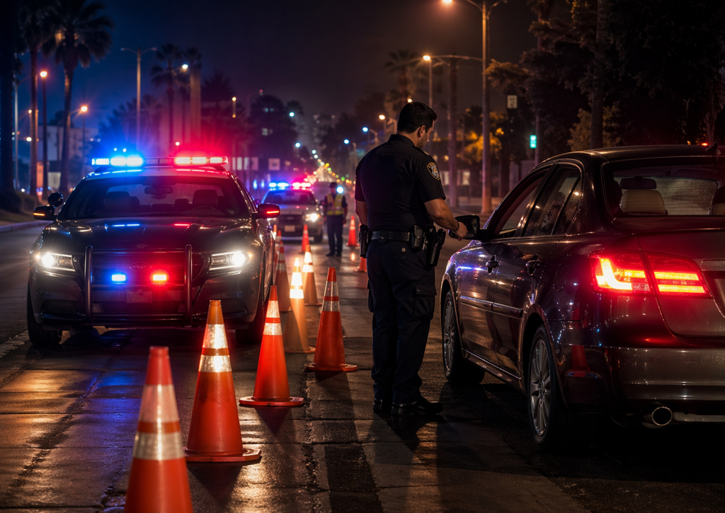 Modesto police DUI checkpoint graphic with patrol lights and road safety warning