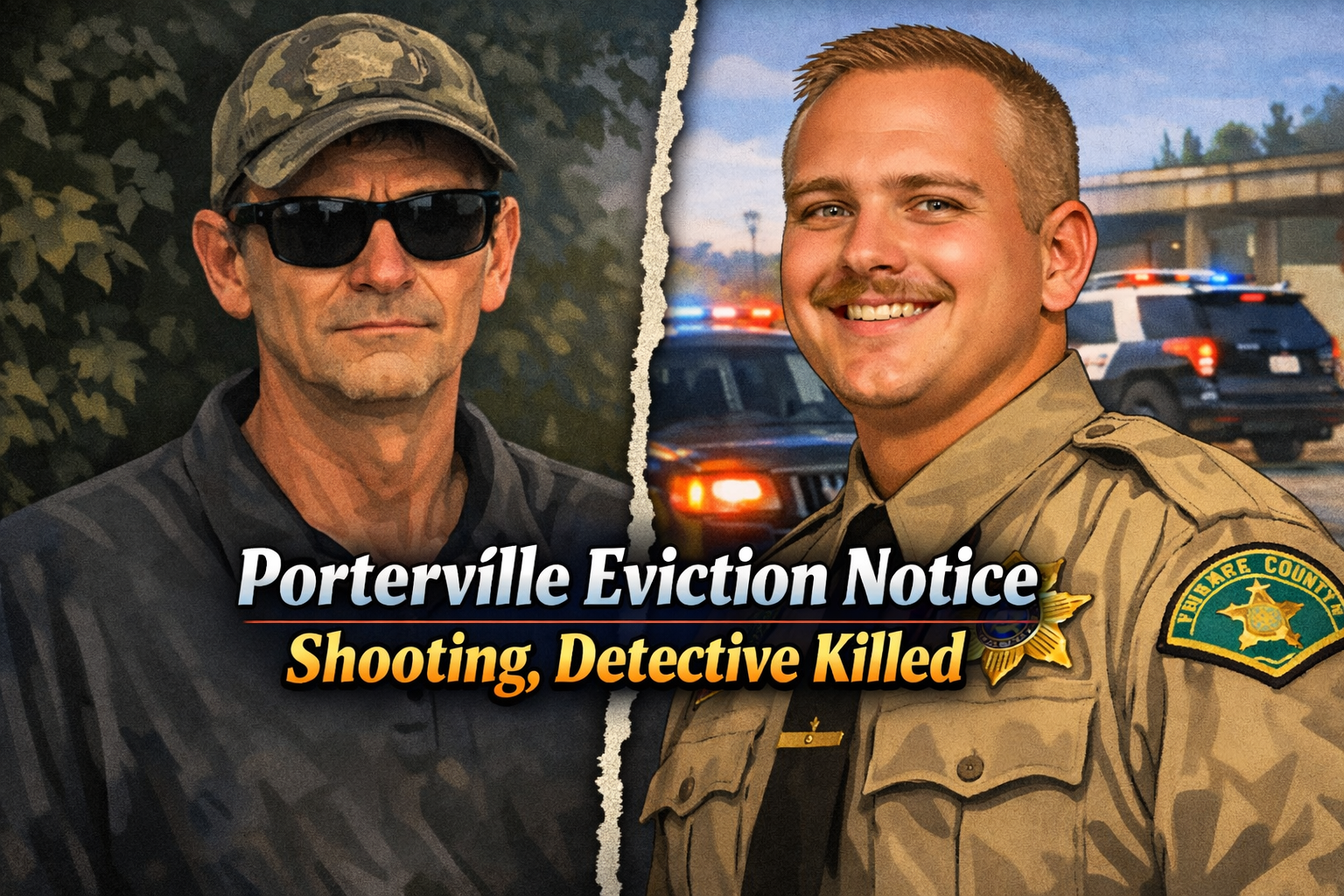Law enforcement surrounds an active Porterville shooting scene after a Tulare County detective was killed during an eviction response.