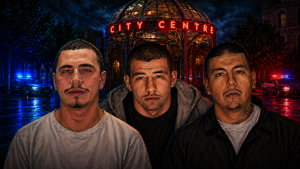 Downtown Stockton Cineplex at night with police lights after the Francisco Sanchez shooting case