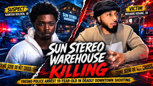 Police image related to the arrest in the fatal shooting outside Sun Stereo Warehouse in downtown Fresno.