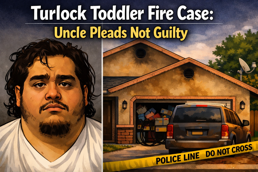 Nighttime emergency scene style image representing the Turlock toddler house fire case after police arrested the child’s uncle and court proceedings began.