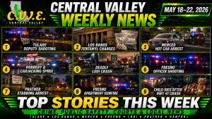 Central Valley News Today graphic for May 22, 2026 featuring Tulare County shooting, Los Banos murder charges, Merced hot car arrest and Fresno updates.